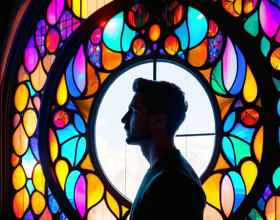 Silhouette of a person against colorful stained glass window