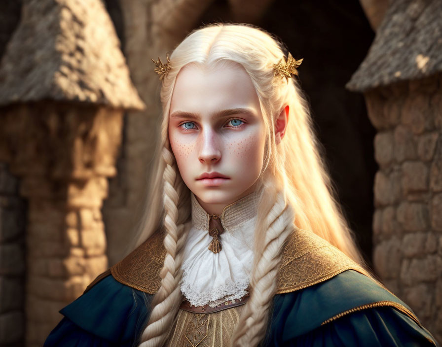 Fantasy portrait of a character with blue eyes, pointed ears, pale skin, freckles,