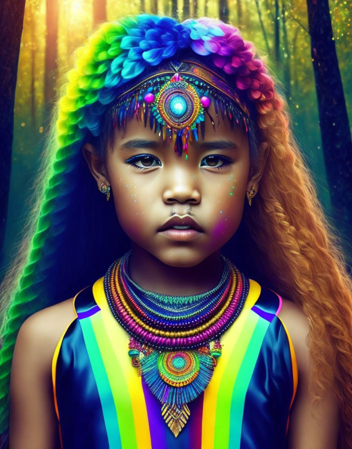 Vibrant rainbow-haired girl in mystical forest with beadwork outfit