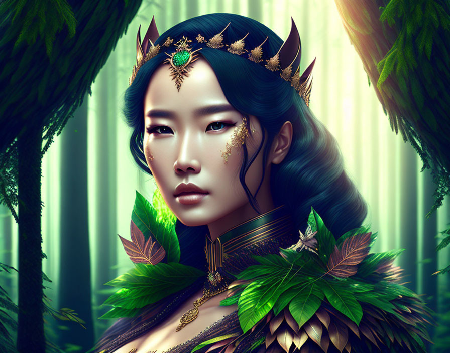 Ethereal woman in golden crown and armor in enchanted forest