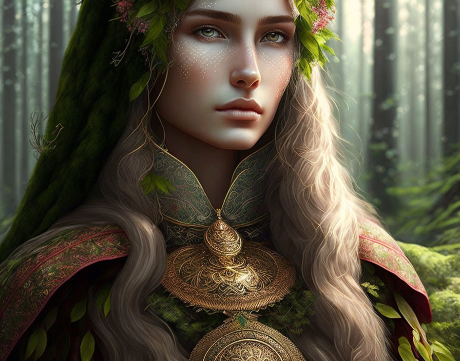 Digital artwork: Woman with long white hair, greenery, golden jewelry, forest background