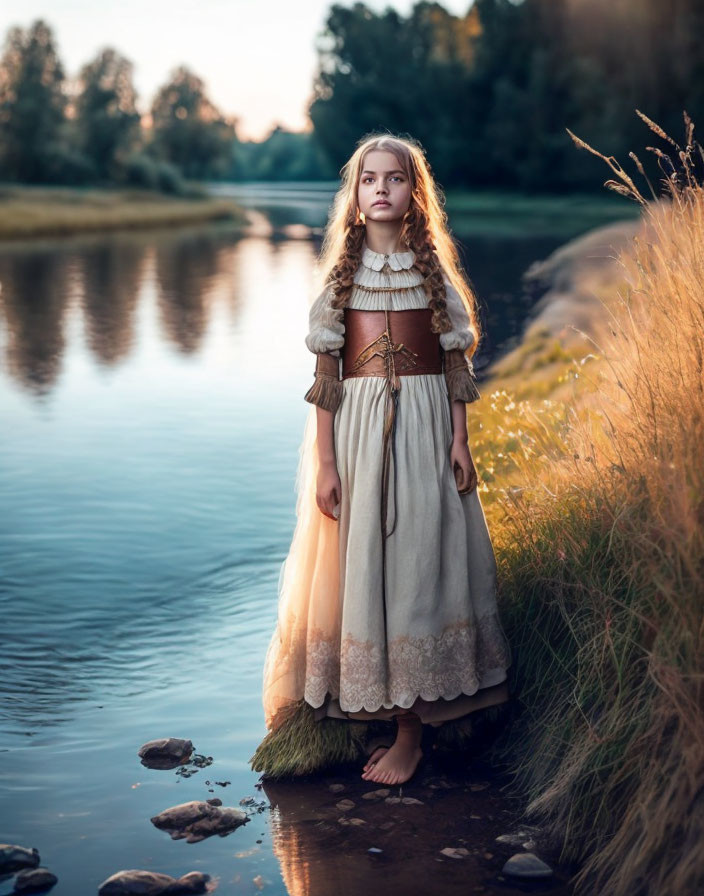 Young girl in vintage dress by river at dusk with dreamy ambiance