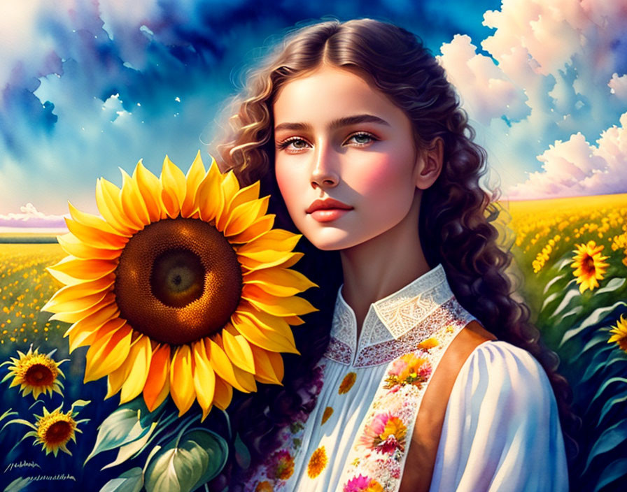 Young woman with sunflower in vibrant sunflower field portrait.