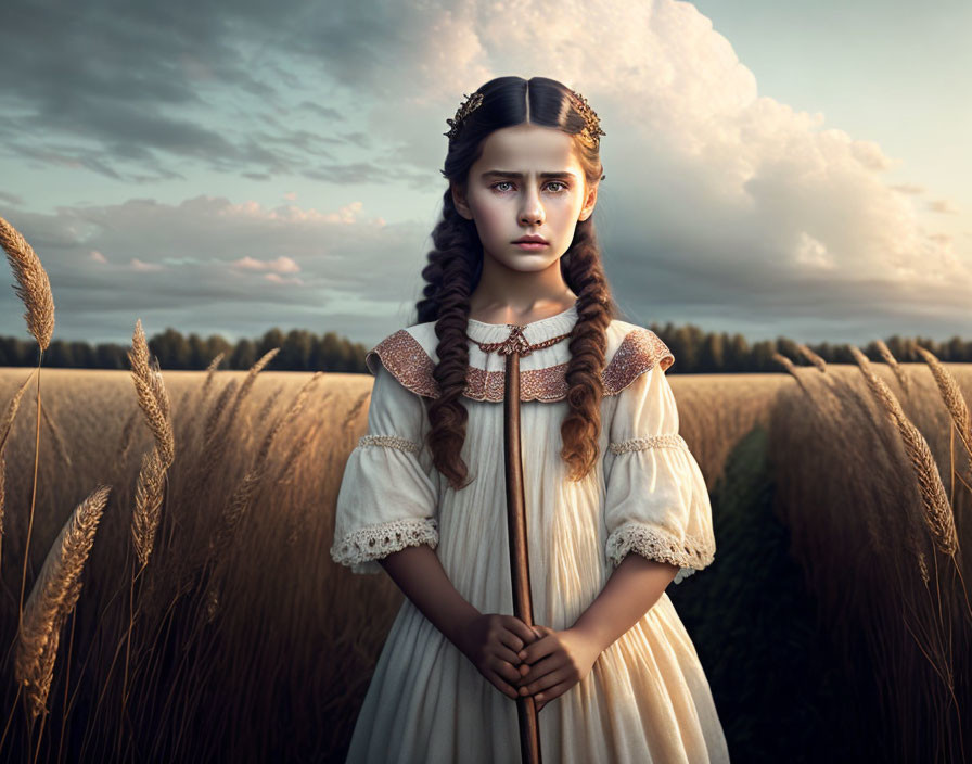 Young girl with braided hair in wheat field at dusk with dramatic clouds