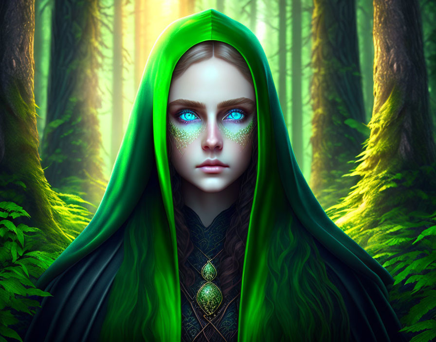 Mystical woman with blue eyes and green hood in enchanted forest with sparkling eye makeup