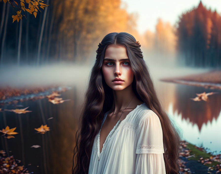 Woman with long brown hair and blue eyes in white dress by misty autumn lakeside