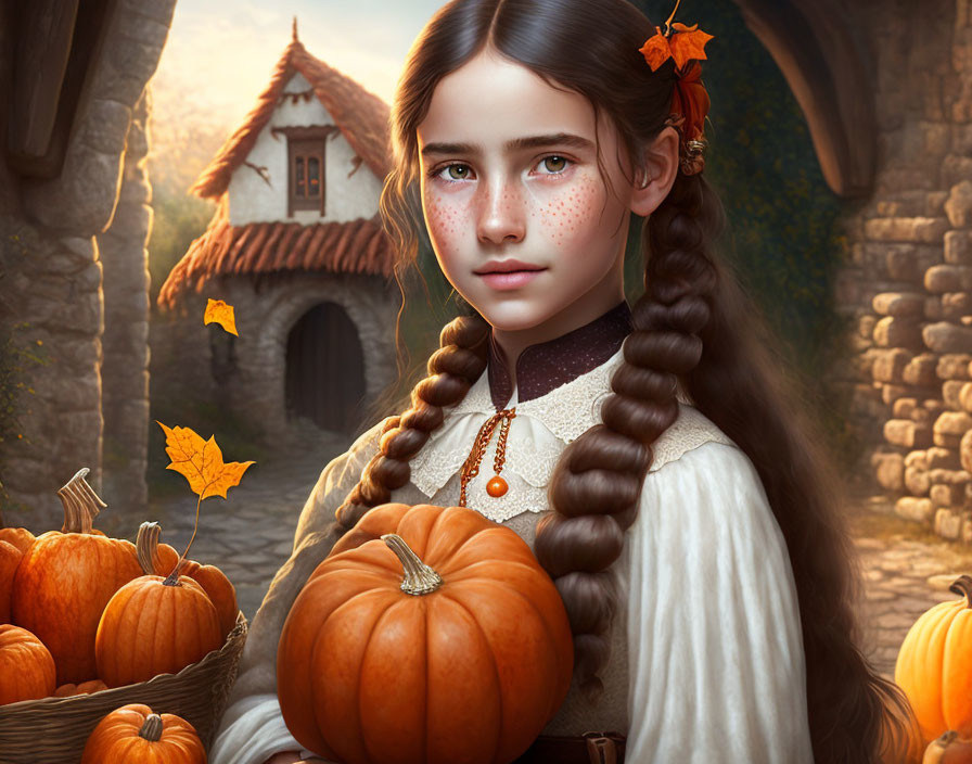 Young girl with braided hair and freckles near pumpkins and stone house.