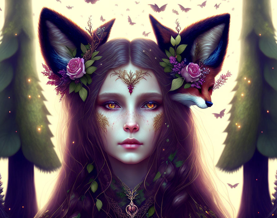 Fantasy portrait of a woman with fox ears in enchanted forest landscape