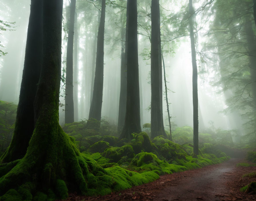 Misty forest scene with tall trees, path, and vibrant green moss in soft light