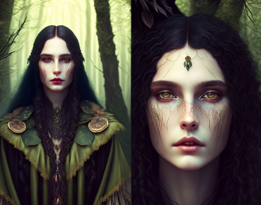 Fantasy portrait of pale-skinned woman in forest-themed attire