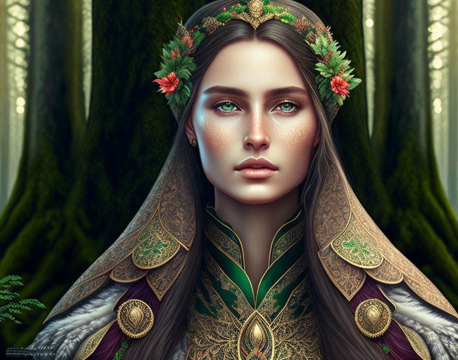 Digital artwork: Woman with floral crown & embroidered cloak in fantasy forest theme