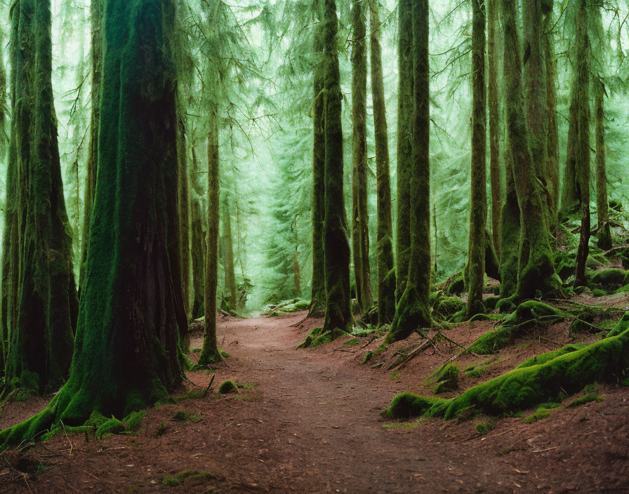 Tranquil forest path with moss-covered trees in misty ambiance