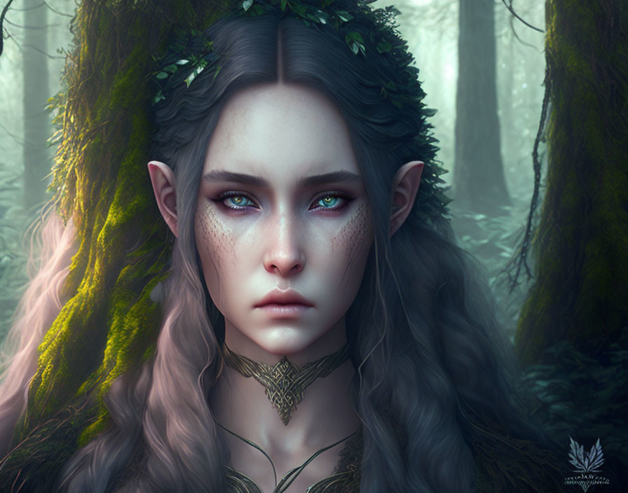 Mystical elf with pointed ears in ethereal forest setting