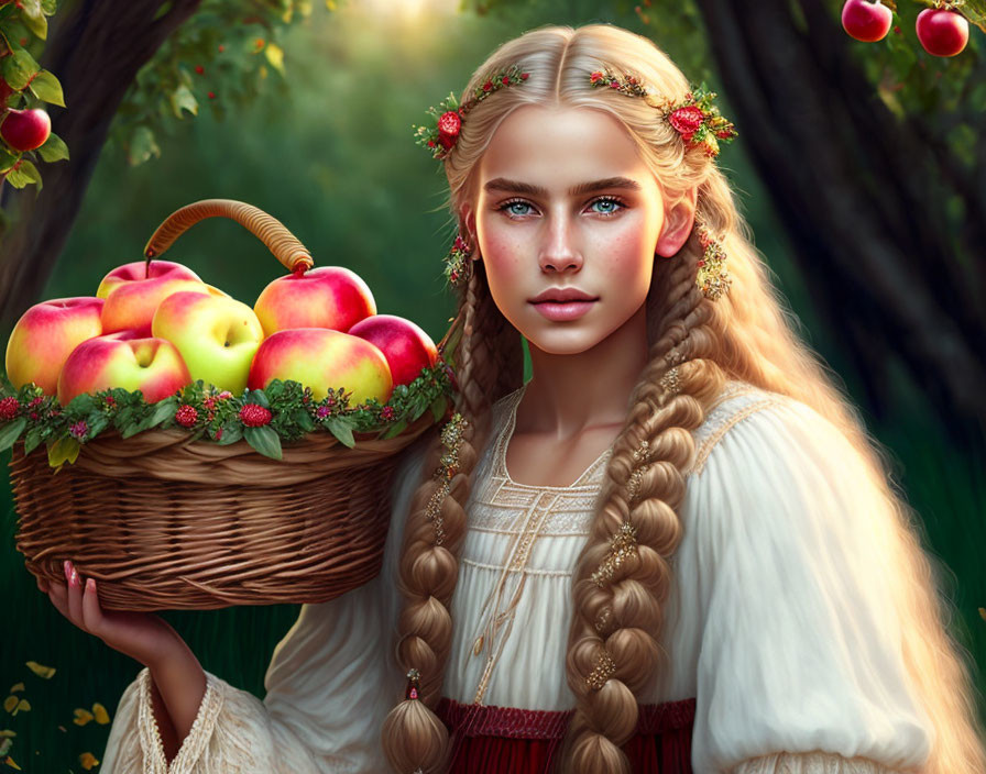 Digital artwork: Woman with braided hair, floral wreath, apples in lush orchard