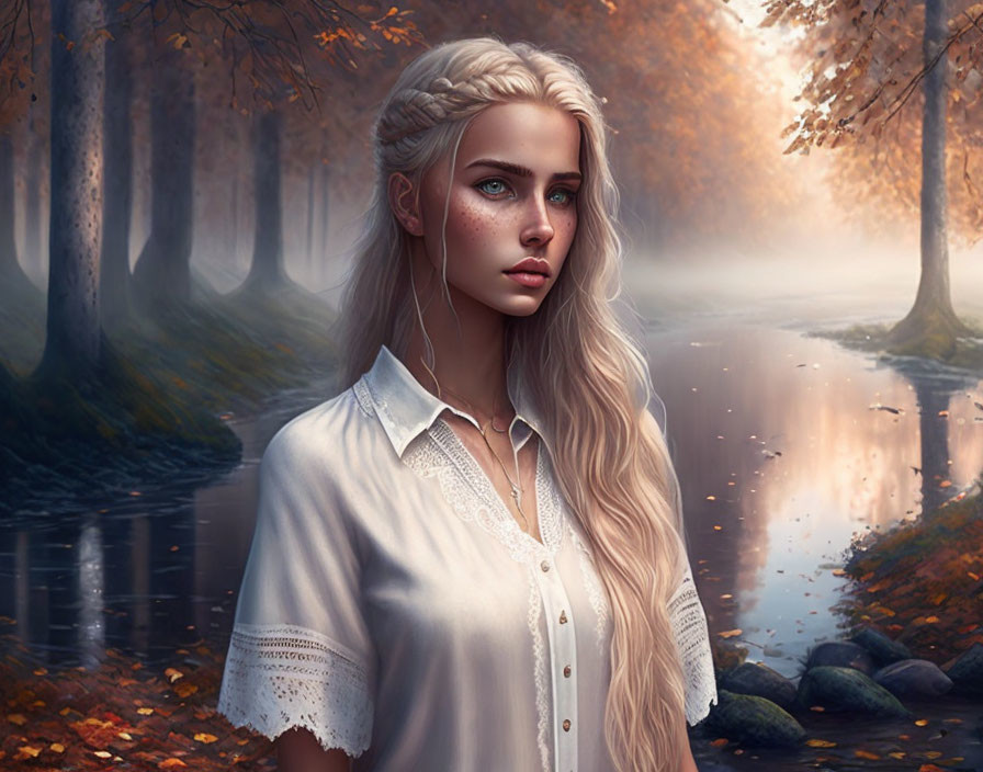 Blonde-haired woman in white shirt by stream in autumn forest