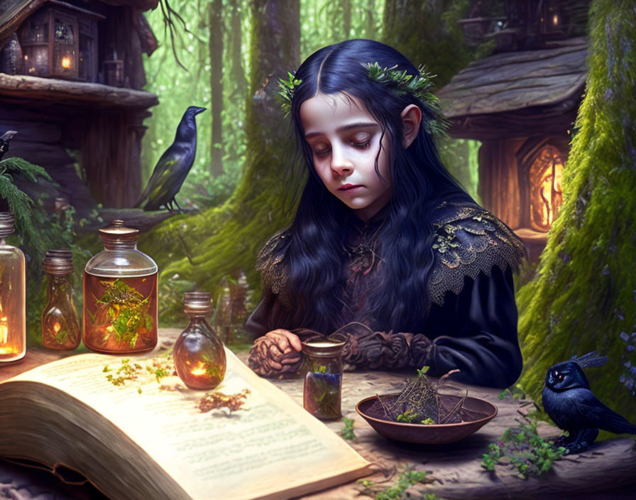 Young girl with wreath in nature, open book, glass jars, and ravens in mystical scene