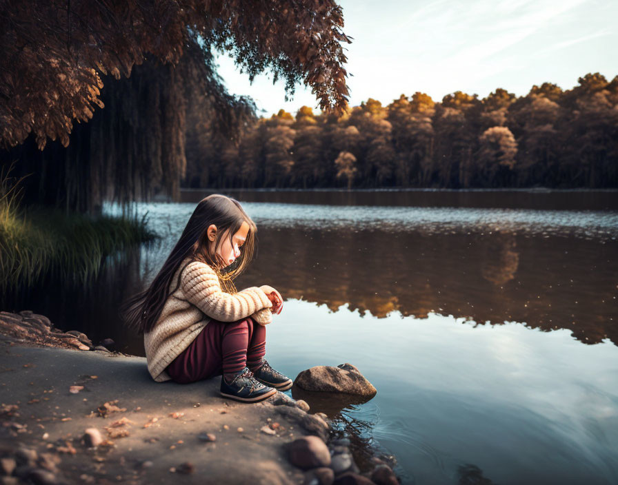 Young girl in sweater by tranquil lake with autumn trees reflection