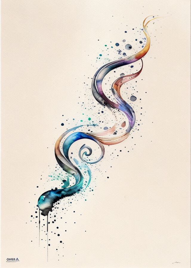 Abstract Watercolor Painting with Multicolored Ribbon and Splatters
