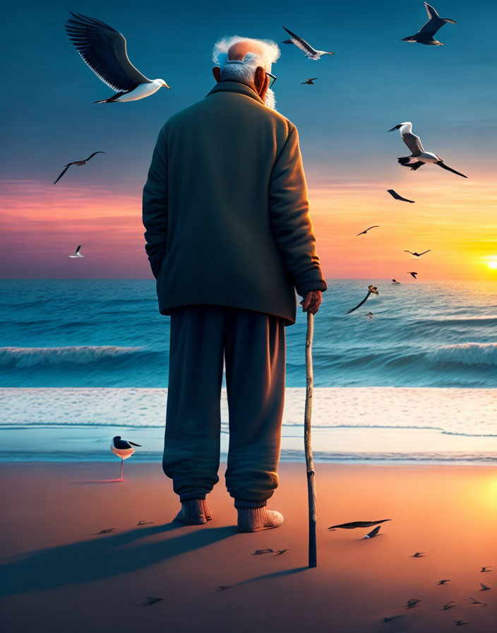 Elderly person on beach at sunset with seagulls and cane