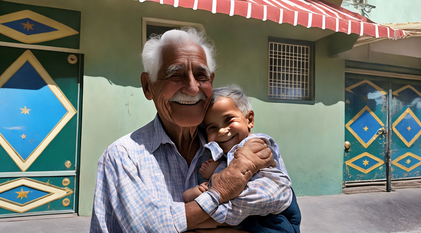 Elderly man with white mustache hugging young child in front of colorful house