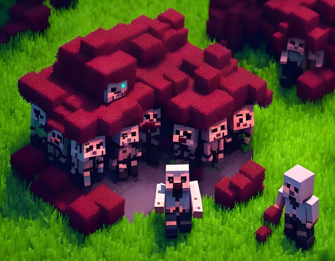 Whimsical 3D Voxel Art Scene with Mushroom Structures