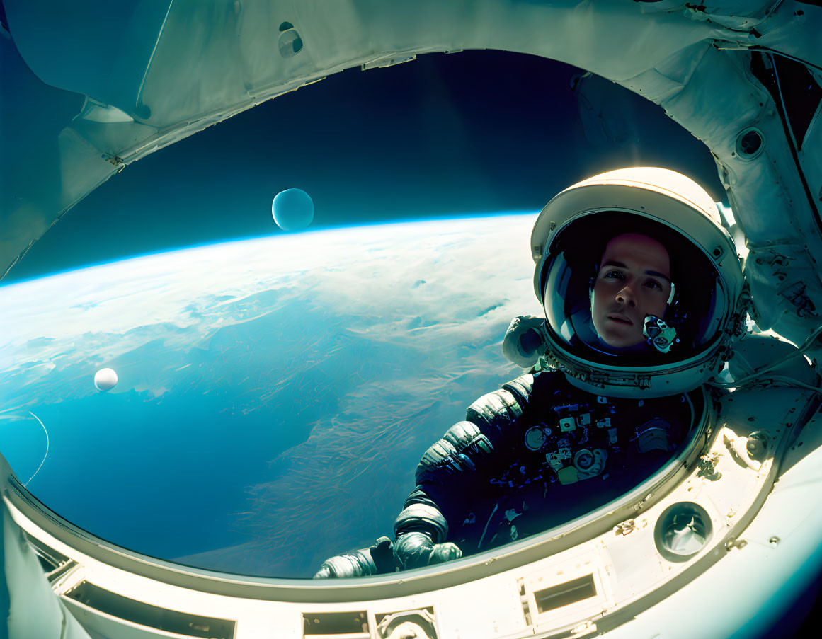 Astronaut in space suit gazes from spacecraft at Earth's curvature.