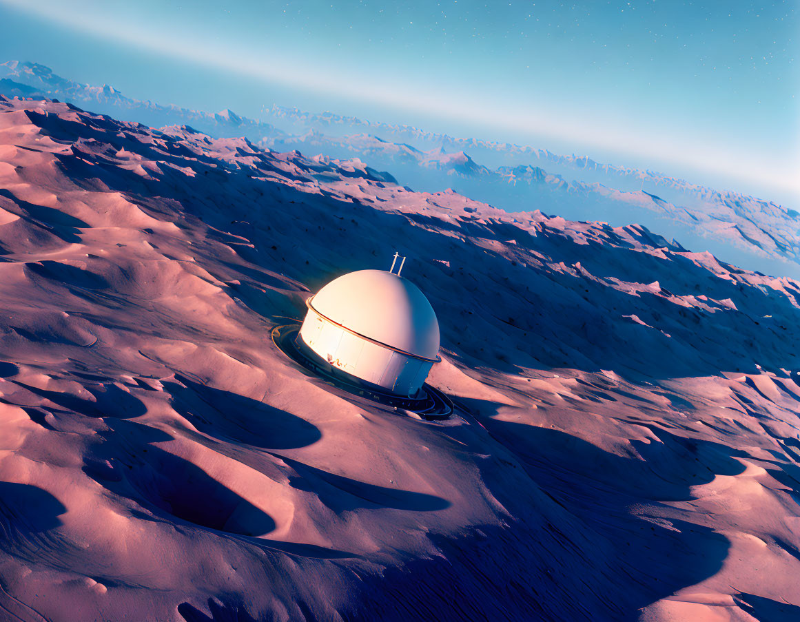 Isolated futuristic dome in desert twilight landscape