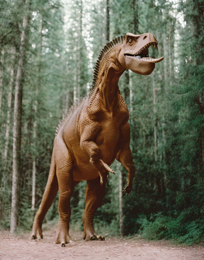 Realistic Tyrannosaurus Rex model in forest setting with open mouth.