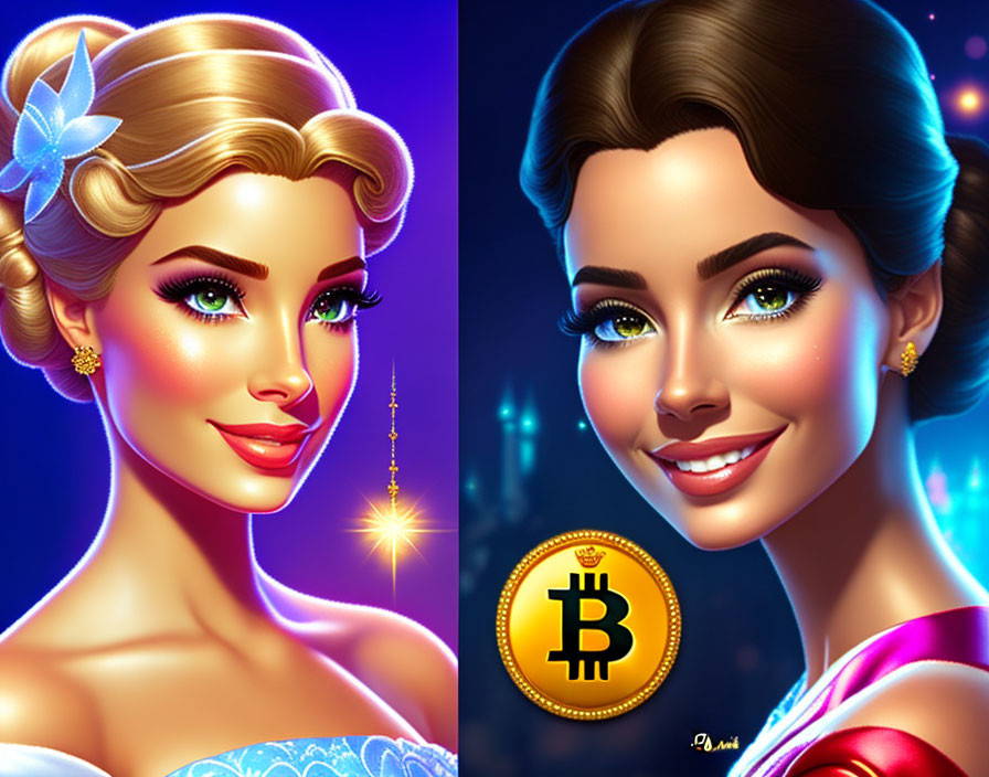 Two glamorous female portraits with radiant skin, vibrant makeup, and elegant hairstyles next to a Bitcoin symbol.