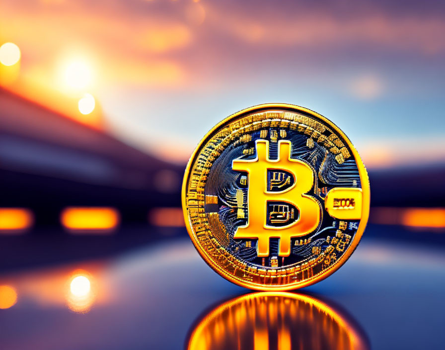 Bitcoin coin reflecting vibrant sunset symbolizing digital currency impact