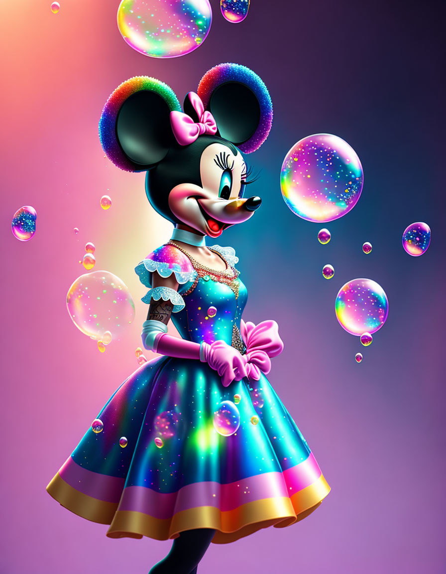 Colorful Minnie Mouse illustration with glowing bubbles on pink and purple background