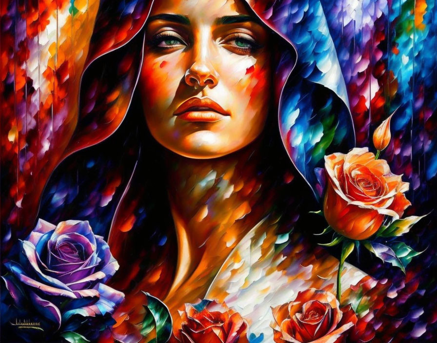 Vibrant painting of a serene woman amid colorful patterns and roses