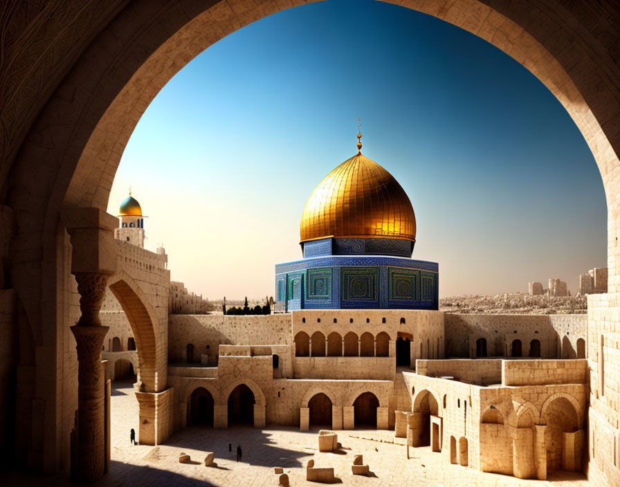 Golden-domed mosque framed by archway with people and blue sky