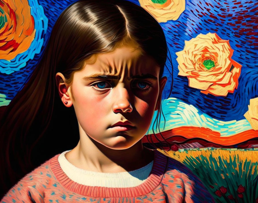 Young girl with brown hair in sad expression against swirling Van Gogh-style background