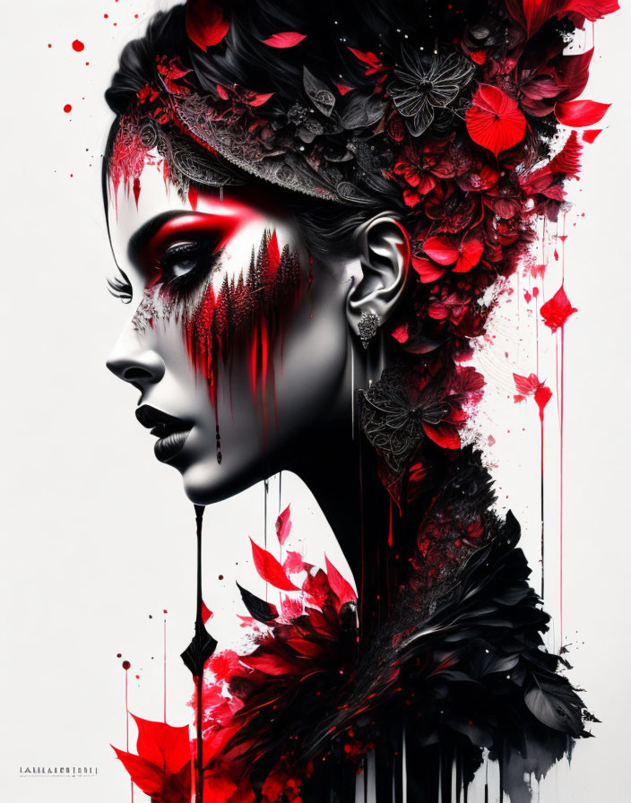 Dramatic red and black artistic portrait of a woman with floral details