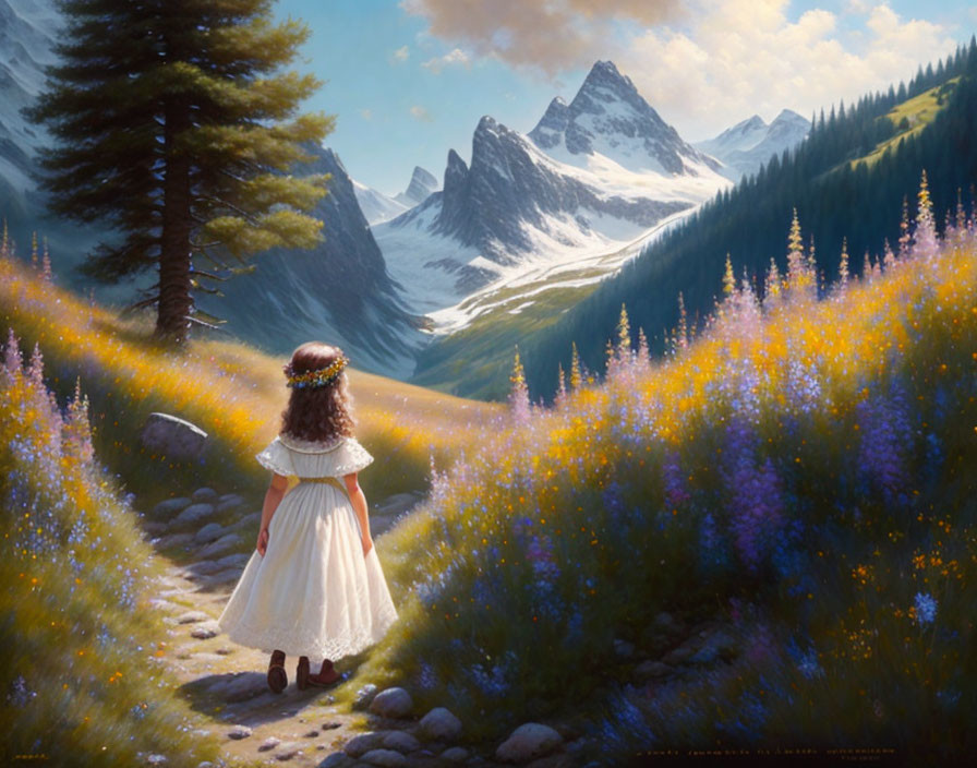 Young girl in white dress walking among purple wildflowers with sunlit mountains in background