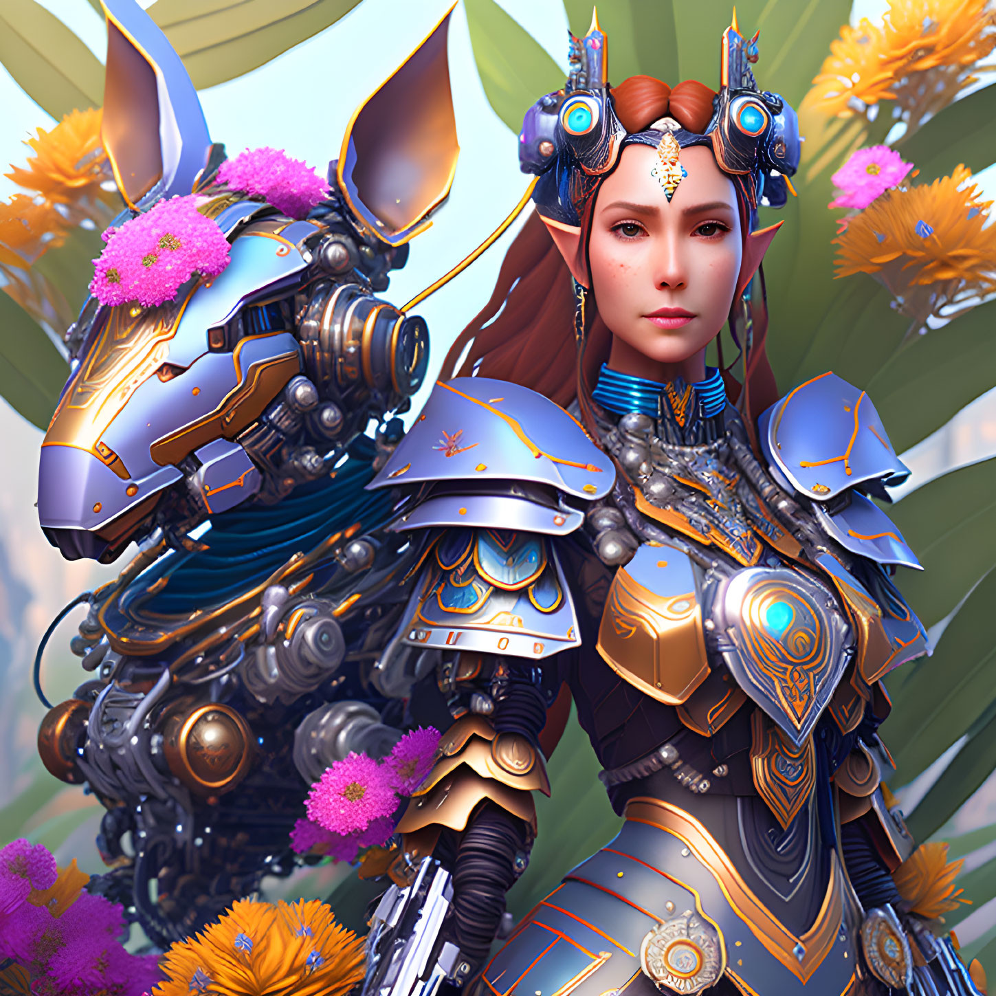 Futuristic armor woman with mechanical horse and pink flowers