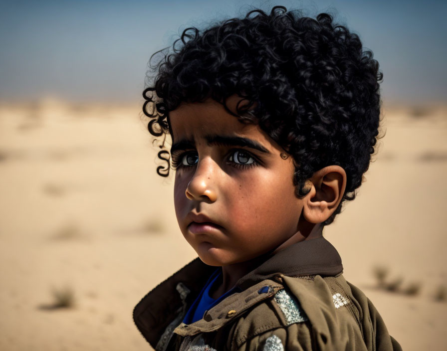 Curly-Haired Child Contemplates Desert Landscape