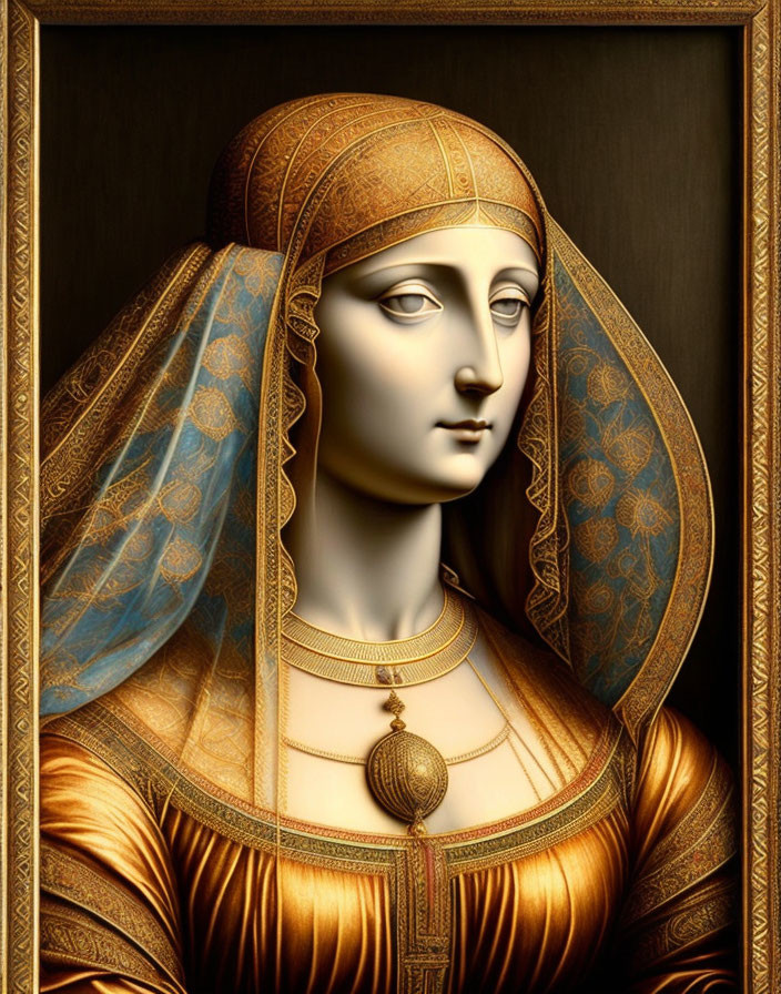 Solemn Woman in Golden Gown with Blue Veil and Headdress