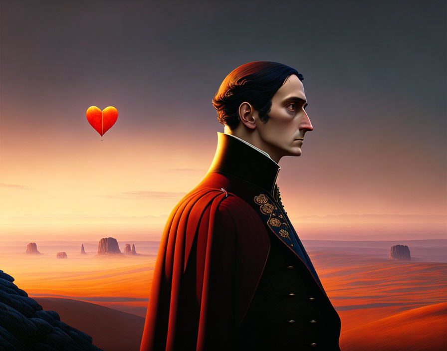 Solemn man in animated desert with heart-shaped balloon