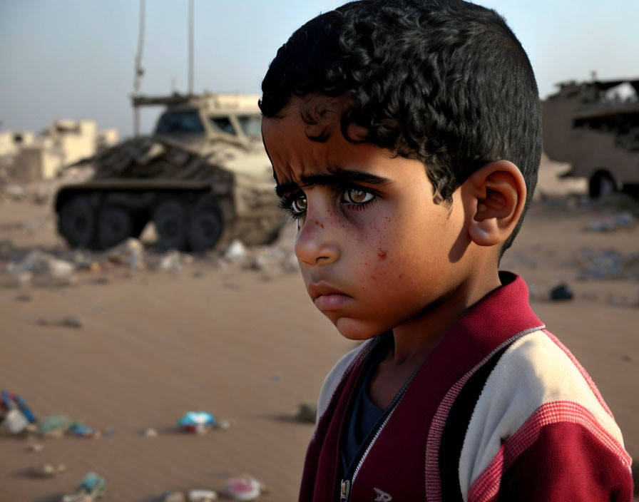 Young boy with solemn expression and curly hair near military tank