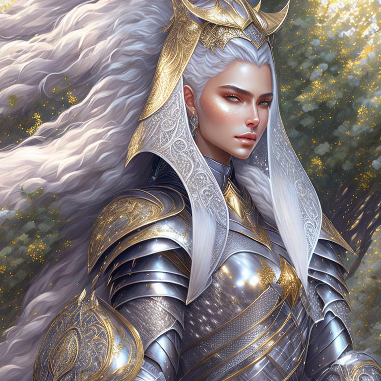 Elven warrior in ornate armor with white hair among golden bloom