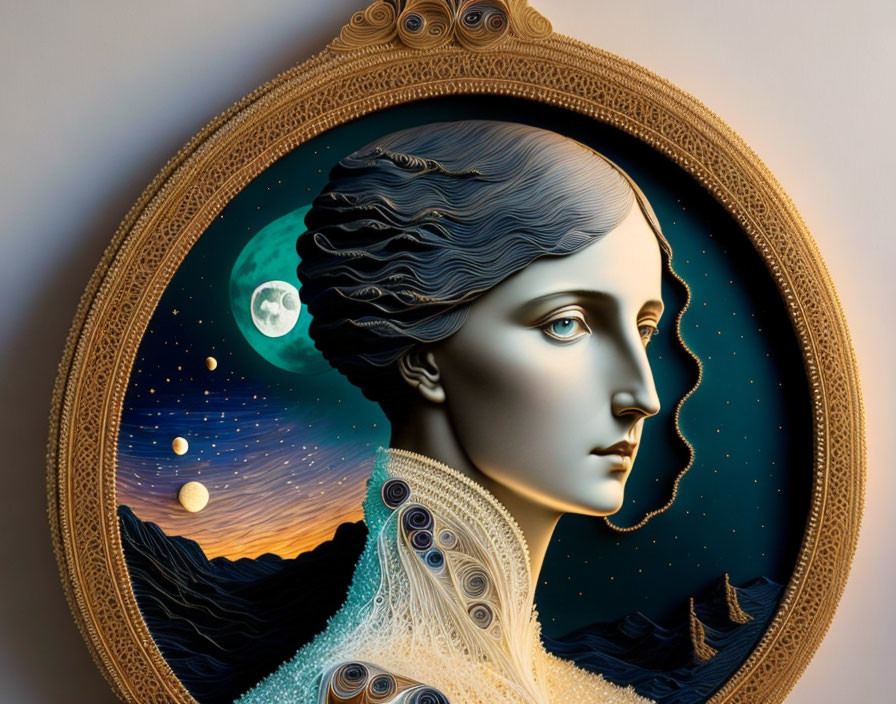 Stylized woman in night sky with moon and planets, ornate circular frame.