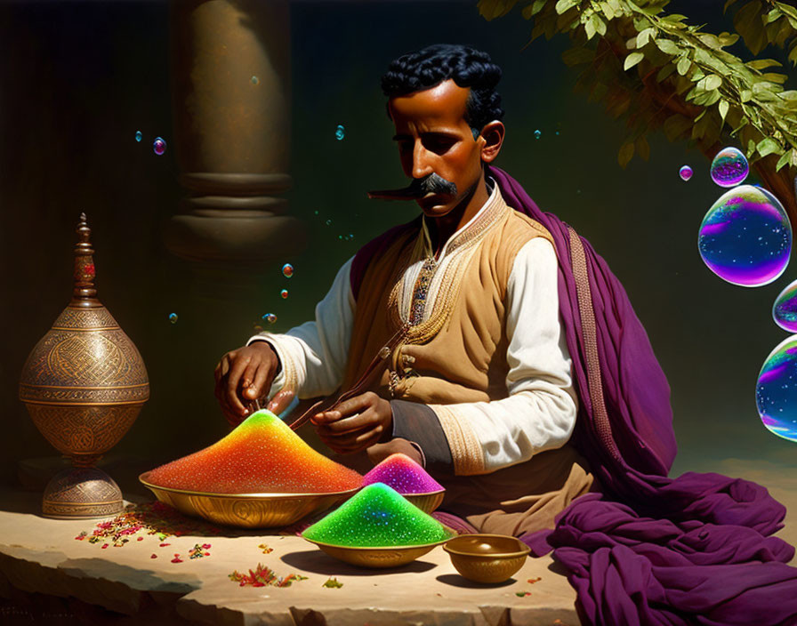 Man in traditional attire mixing colorful spices with vibrant bubbles and brass pot nearby.