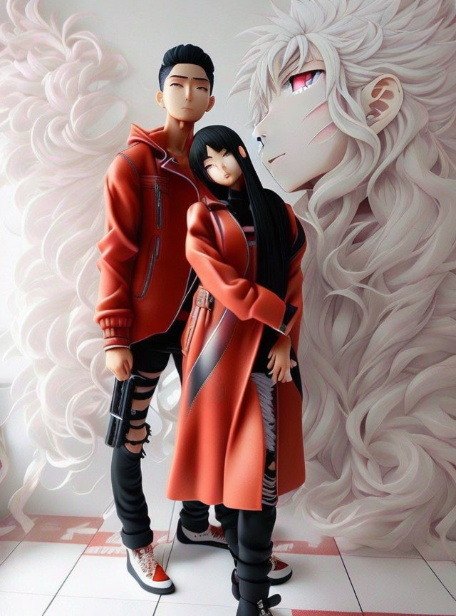 Male and female anime-style figures in red and black outfits with mythical beast.