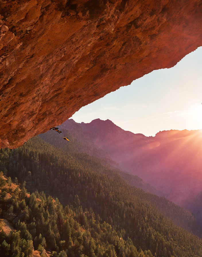 Base jumper parachuting at sunset over forested mountains