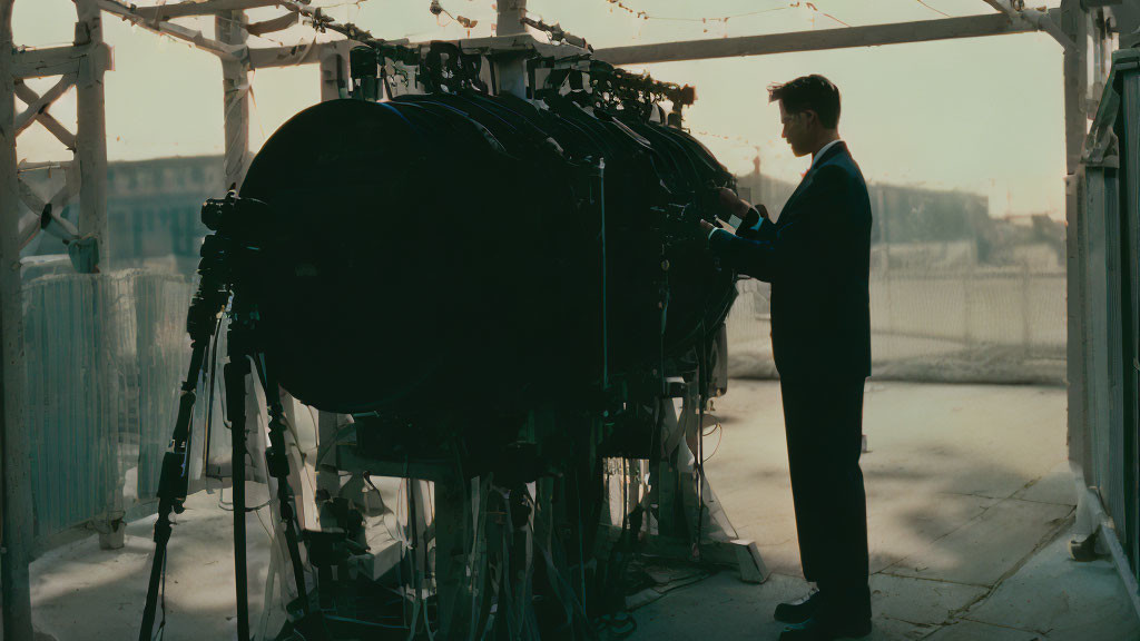 Businessman in suit with technology equipment and industrial backdrop.