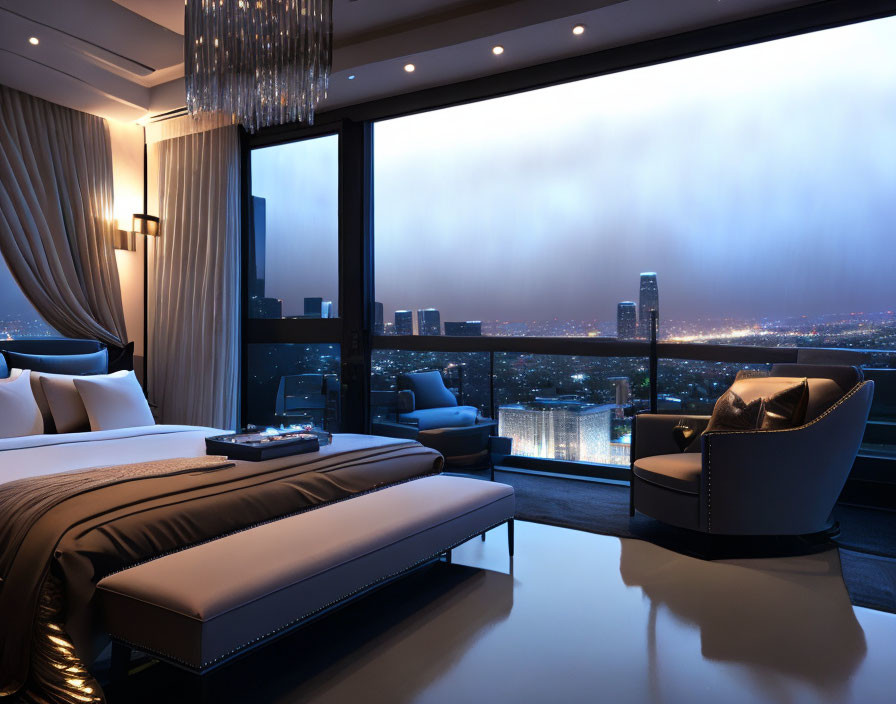 Modern luxurious bedroom with large bed and city skyline view