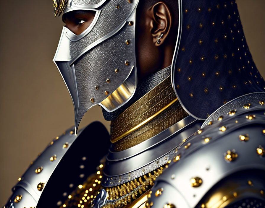 Knight in ornate metallic armor with gold accents on neutral background