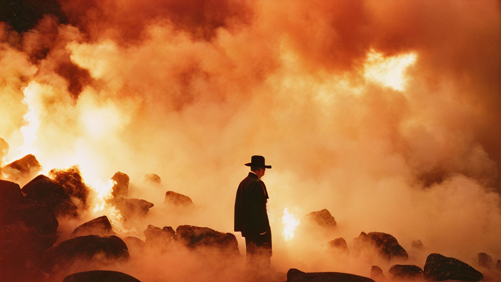 Silhouette of person in hat among fiery, smoky rocks